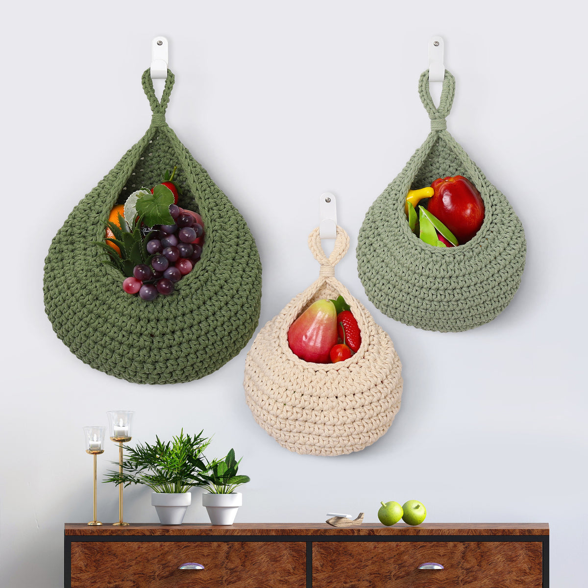 3Pcs Wall Hanging Vegetable Fruit Baskets Teardrop Storage Baskets with Hooks