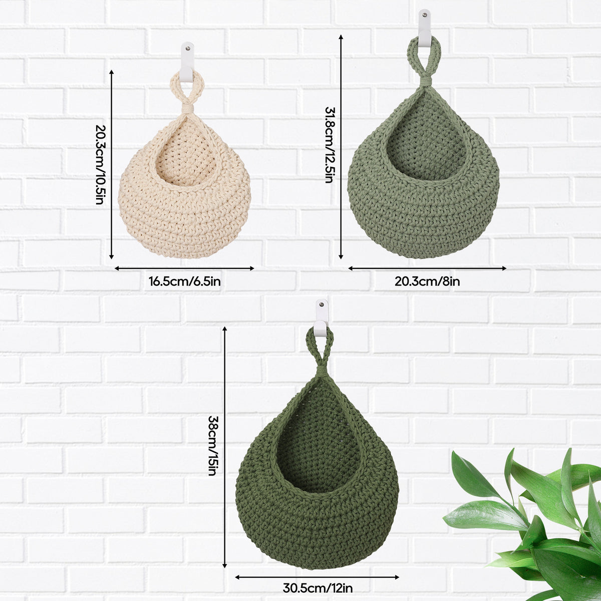 3Pcs Wall Hanging Vegetable Fruit Baskets Teardrop Storage Baskets with Hooks